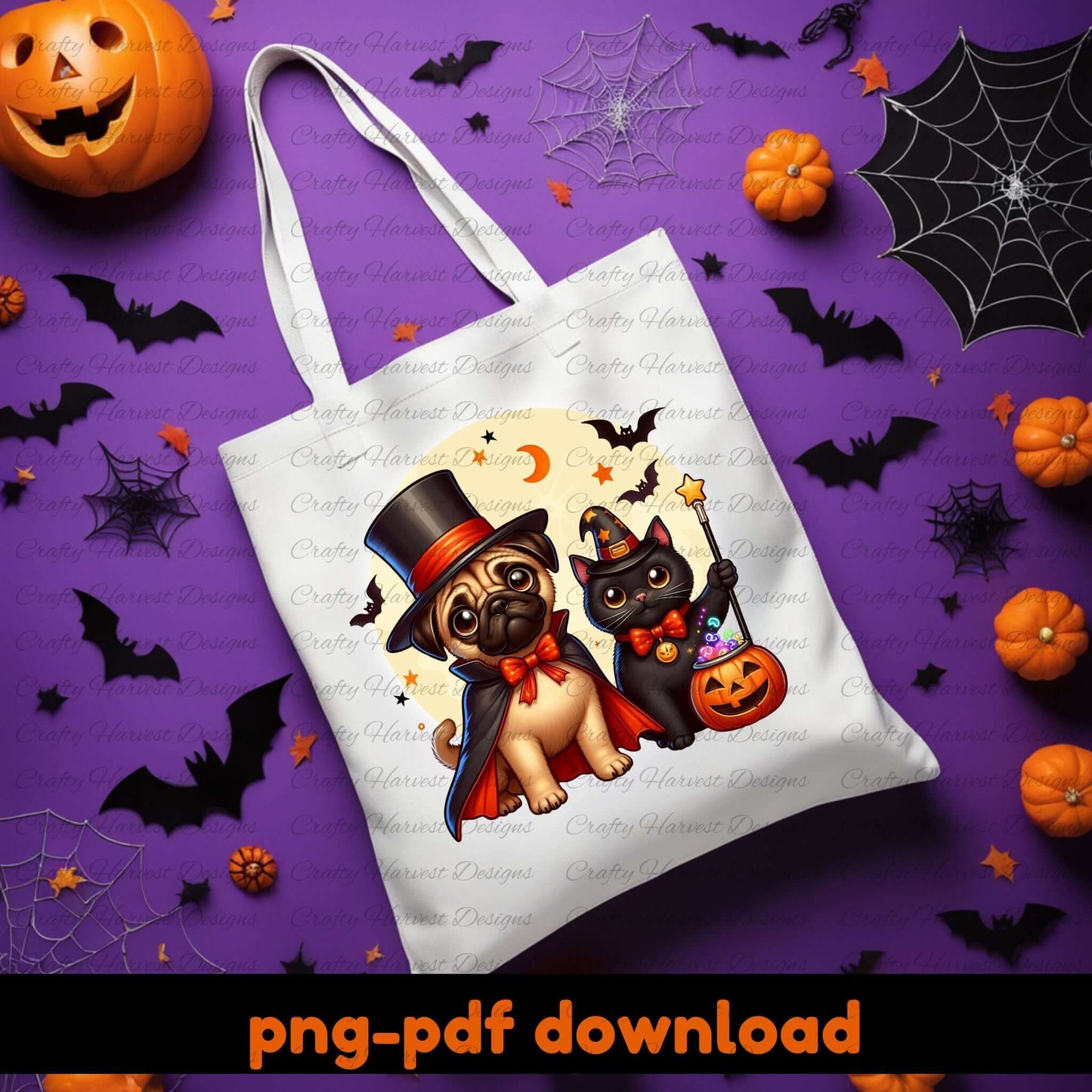 Tote bag with Halloween-themed design of a pug and black cat on a purple background with Halloween decorations.