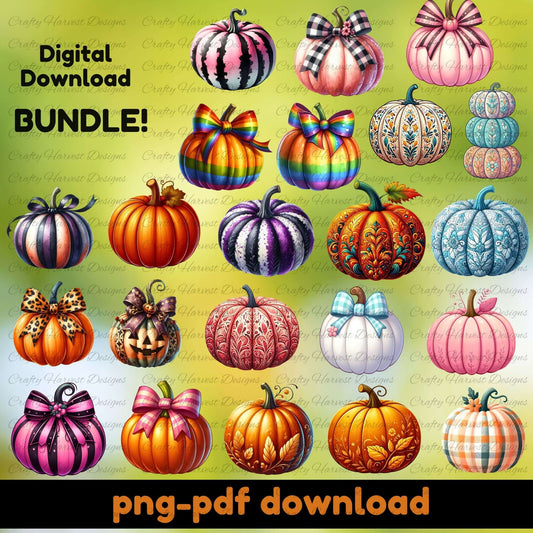Digital download bundle of colorful pumpkins with various designs on a green background.