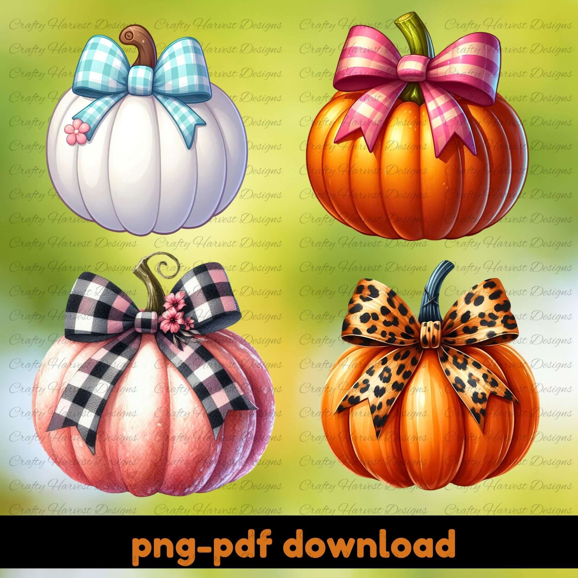 Four pumpkins with decorative bows on a green background, with text indicating download options.