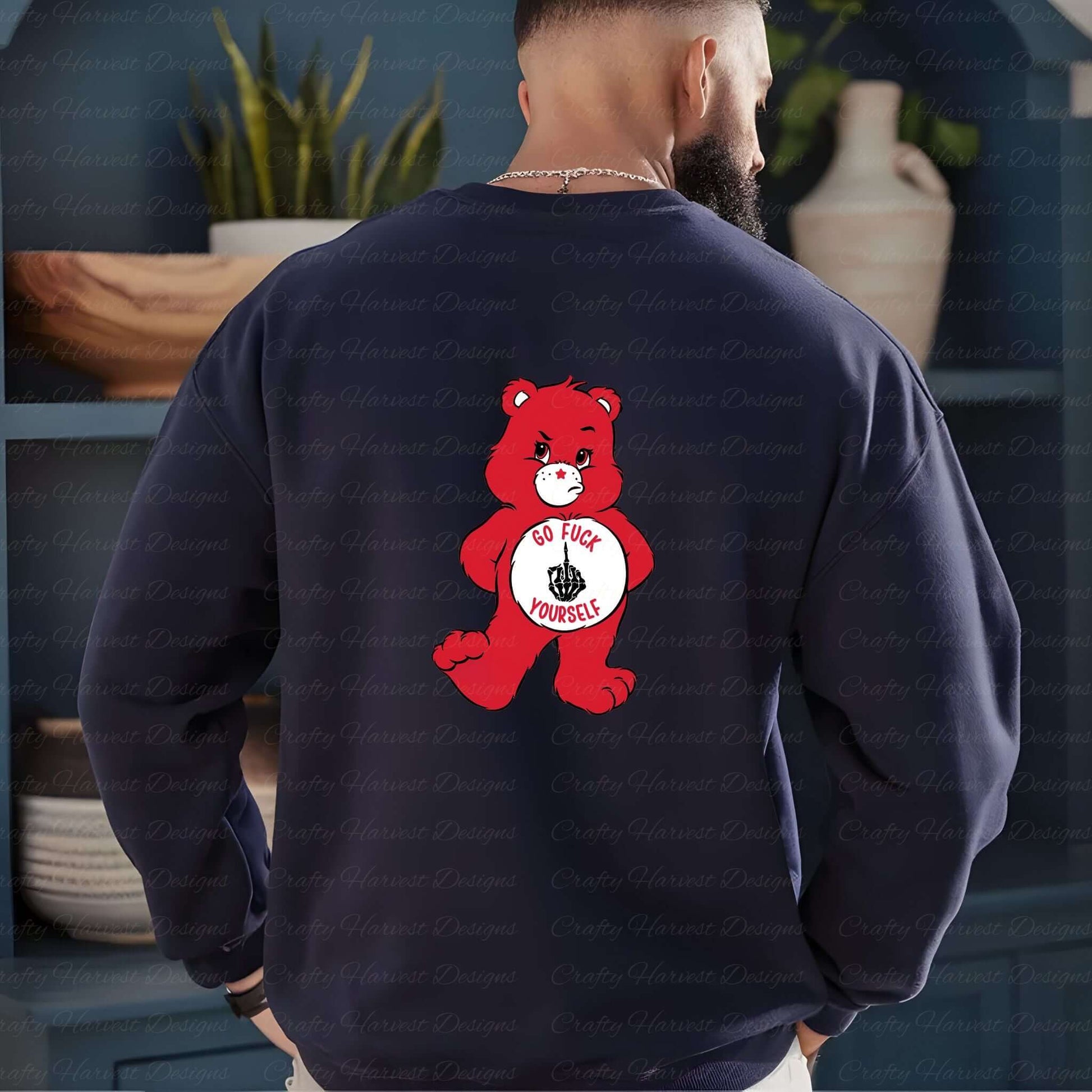 Navy sweatshirt mockup showing the back design featuring the red Swear Bear with the phrase “Go Fuck Yourself” on the belly.