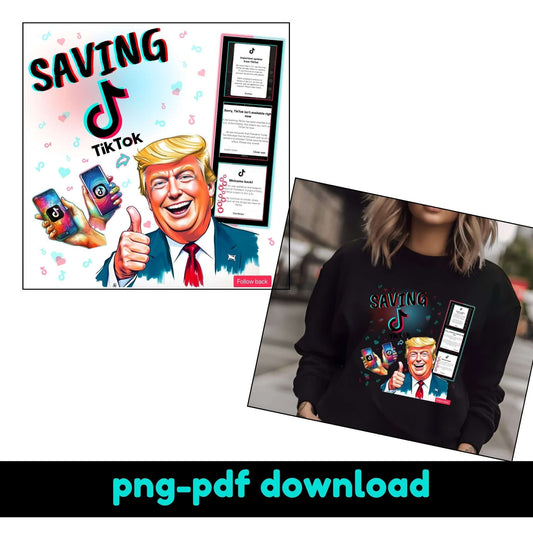 Saving TikTok digital design with bold text in TikTok-inspired colors, featuring playful hearts, icons, and a humorous caricature for t-shirts and sweatshirts.