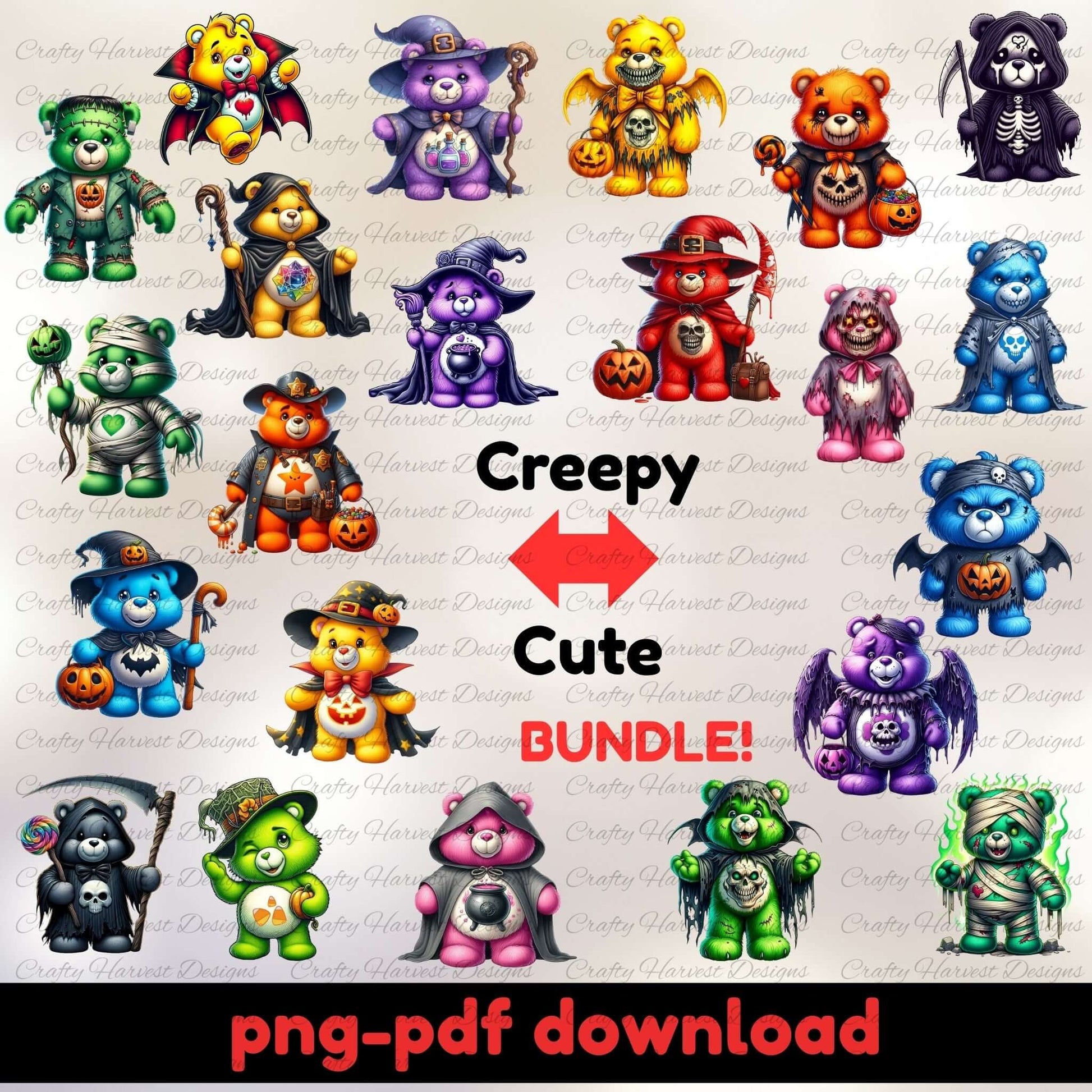 A digital preview image of the Creepy Cute Bear Halloween Clipart Bundle. It shows rows of colorful cartoon bears dressed in spooky costumes like skeletons, witches, zombies, vampires, and mummies. The words “Creepy Cute Bundle” appear in the center with arrows pointing between the bears, and “png pdf download” is written at the bottom.