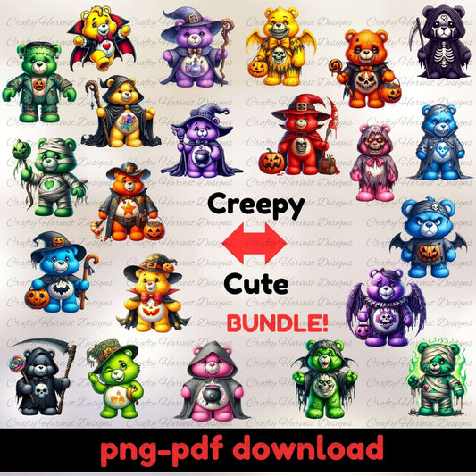 A digital preview image of the Creepy Cute Bear Halloween Clipart Bundle. It shows rows of colorful cartoon bears dressed in spooky costumes like skeletons, witches, zombies, vampires, and mummies. The words “Creepy Cute Bundle” appear in the center with arrows pointing between the bears, and “png pdf download” is written at the bottom.