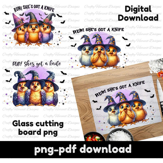 Halloween-themed glass cutting board design with owls in witch hats and text 'RUN! SHE'S GOT A KNIFE'.