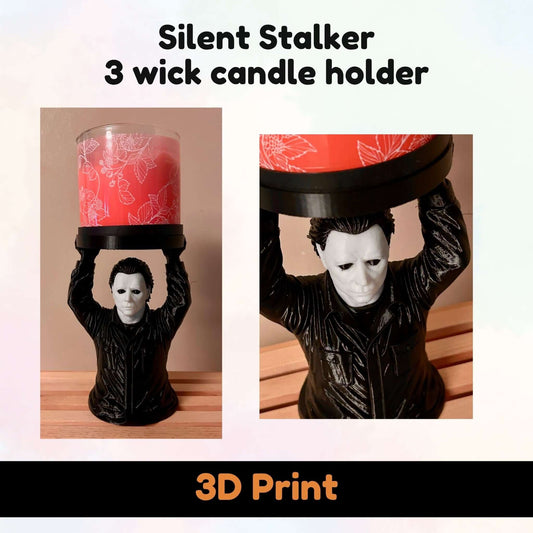 A product collage showing a black 3D-printed 'Silent Stalker' candle holder inspired by the character Michael Myers, holding a red candle. The left panel shows the candle in its black holder against a beige background, while the right panel shows a close-up of the printed mask and jacket details.
