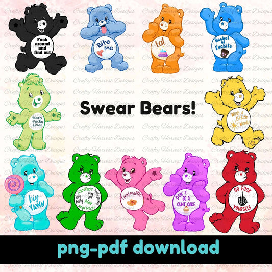 Swear Bears digital design bundle featuring colorful bears with bold phrases like “Go Fuck Yourself,” “Bite Me,” “Twatwaffle,” and “Wish a Bitch Would.” Available as PNG and PDF files for use on various crafting projects.