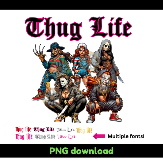 Lady Thug Life Horror Characters with Chucky | Horror Movie Sublimation Design PNG PDF - Crafty Harvest Designs