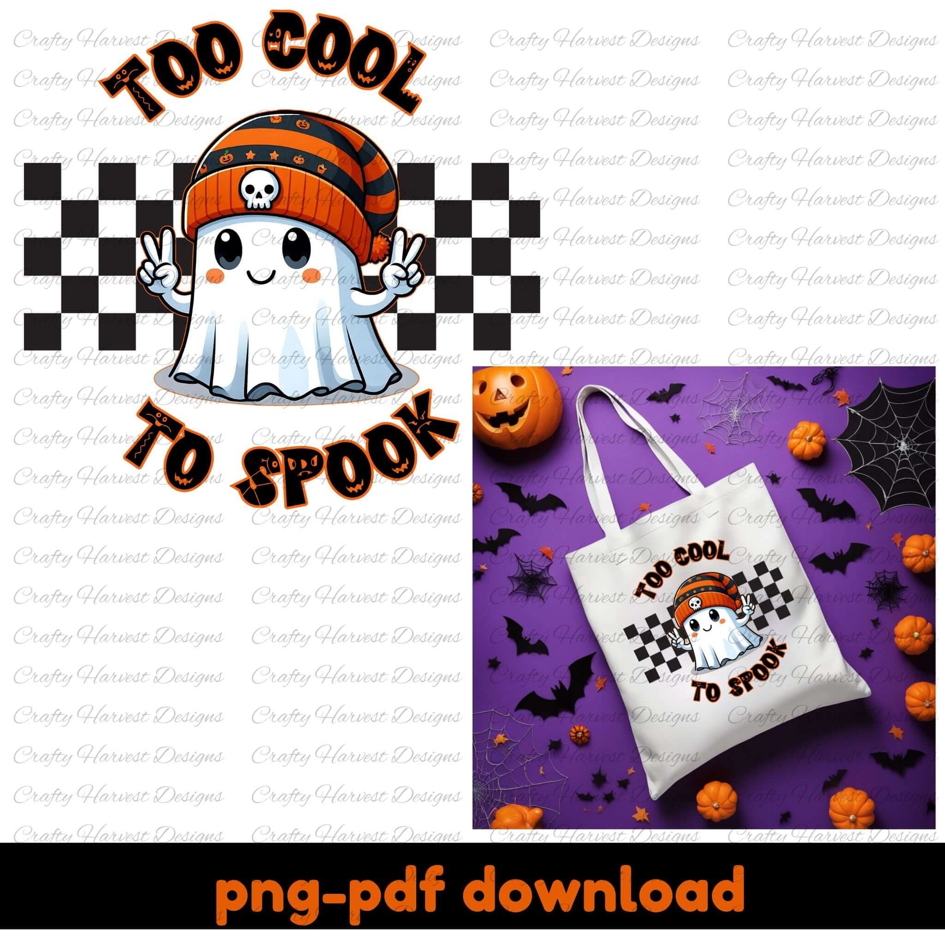 Halloween-themed design with ghost character and tote bag on a checkered and purple background.