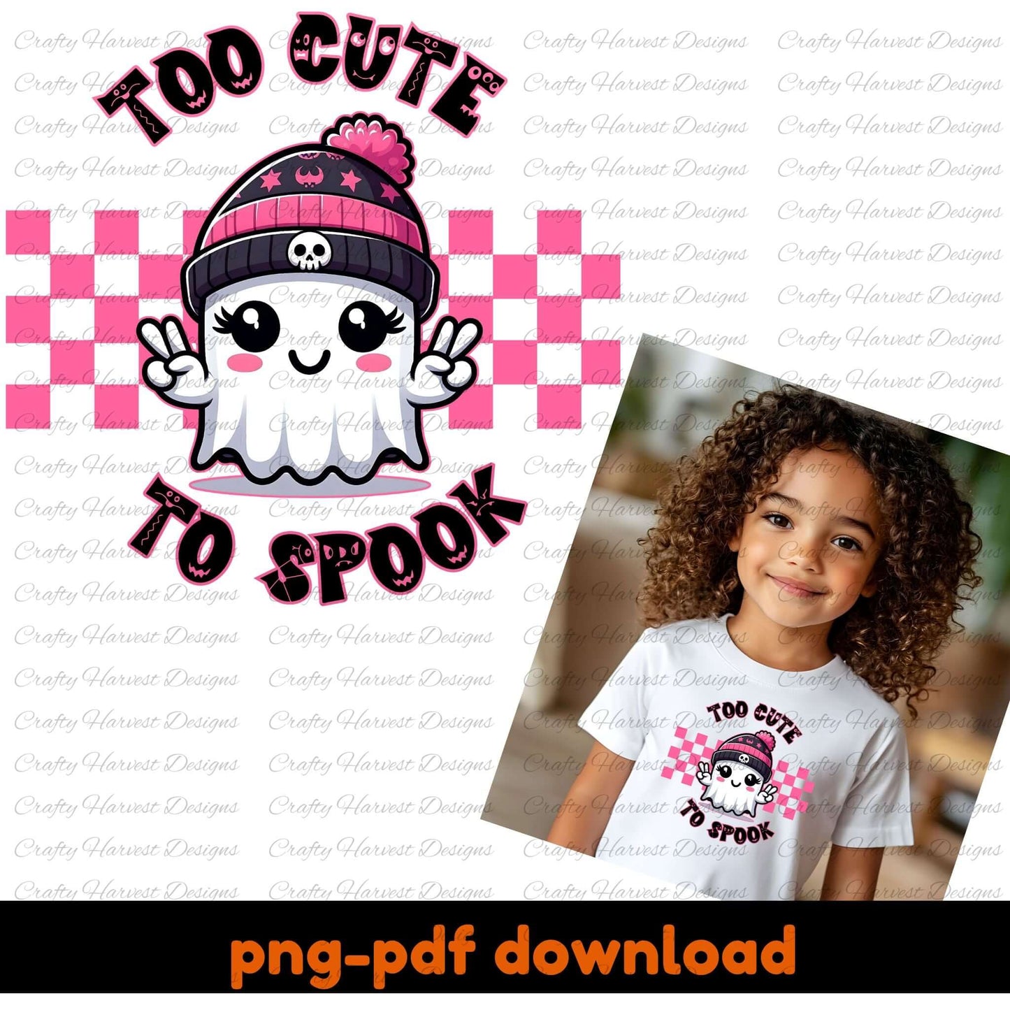 Ghost character with 'Too Cute To Spook' text and a child wearing a shirt with the same design.