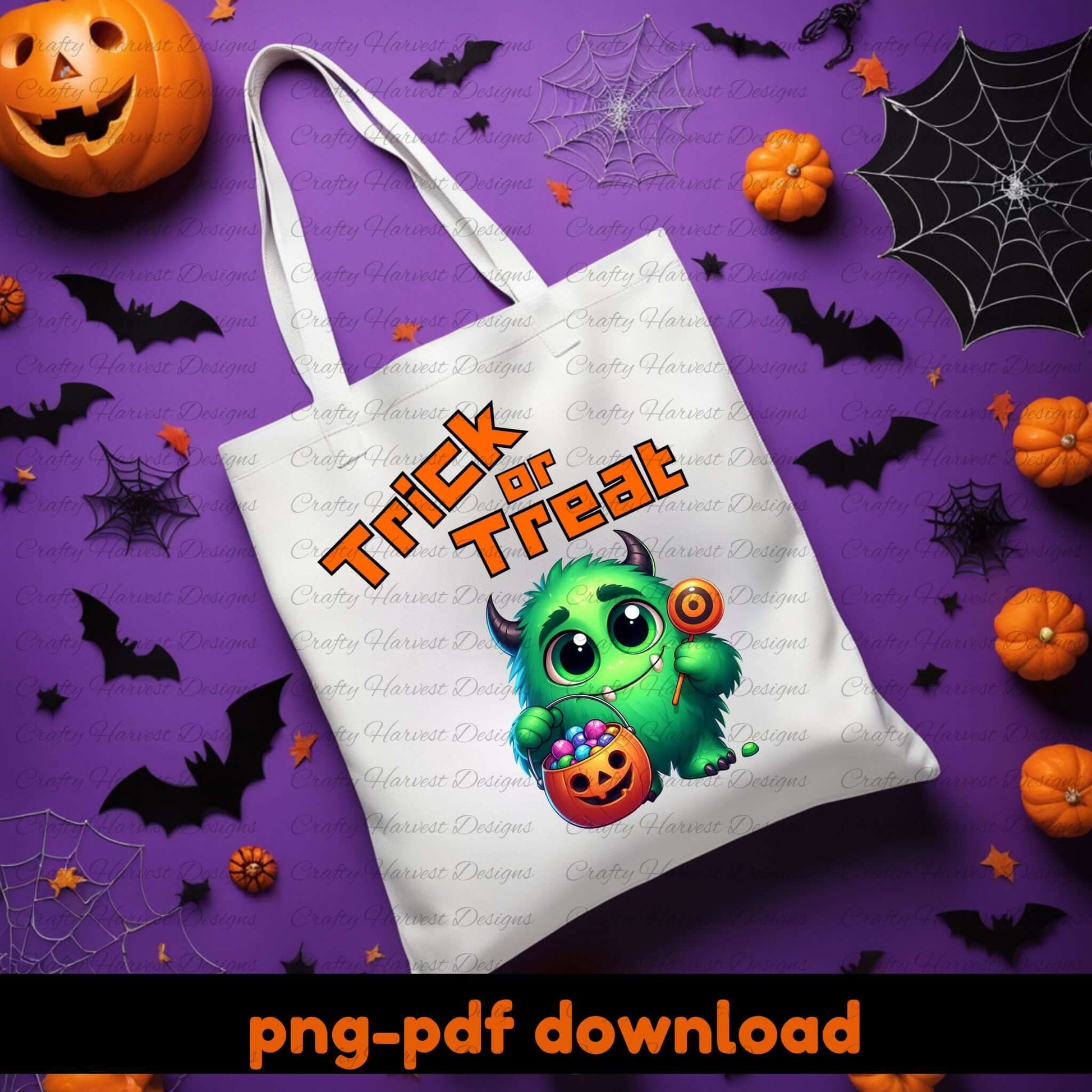 Halloween-themed tote bag with a green monster and 'Trick or Treat' text on a purple background with Halloween decorations.