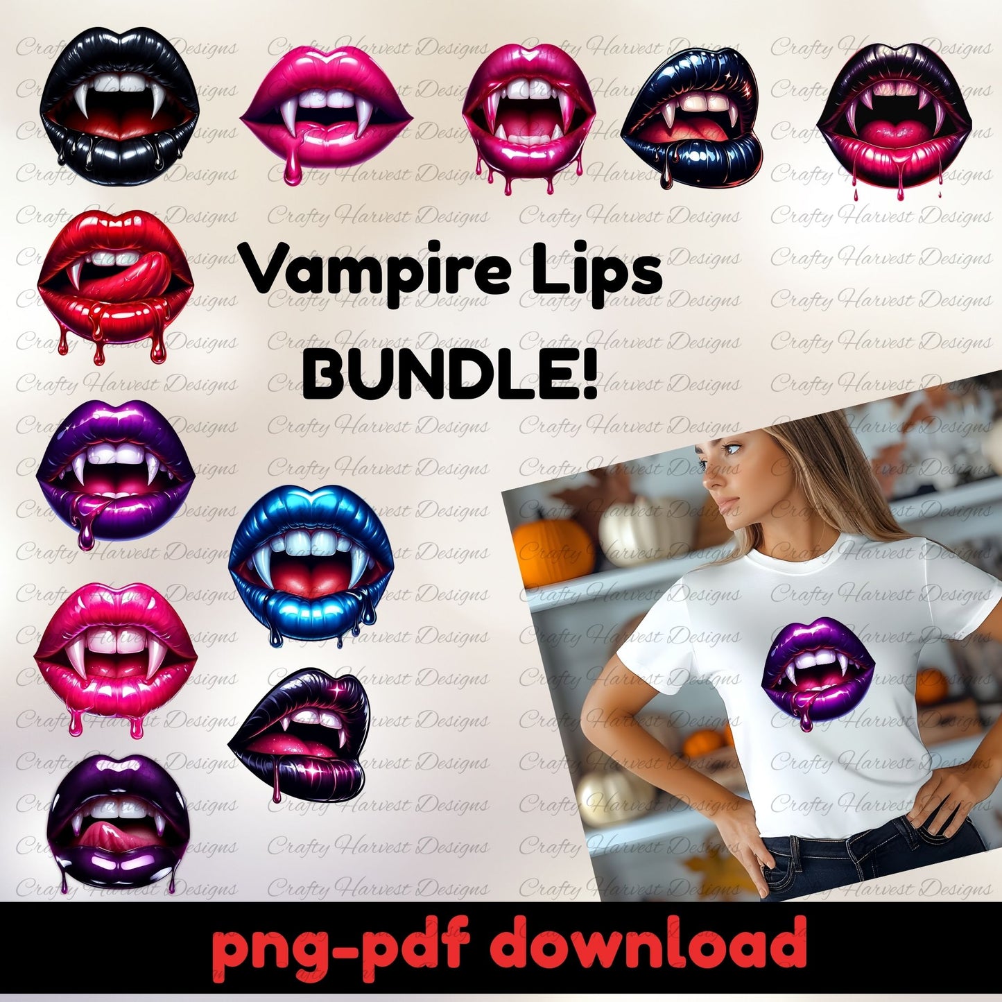 Glossy Vampire Lips Bundle | 10 Halloween Sublimation PNG Designs”