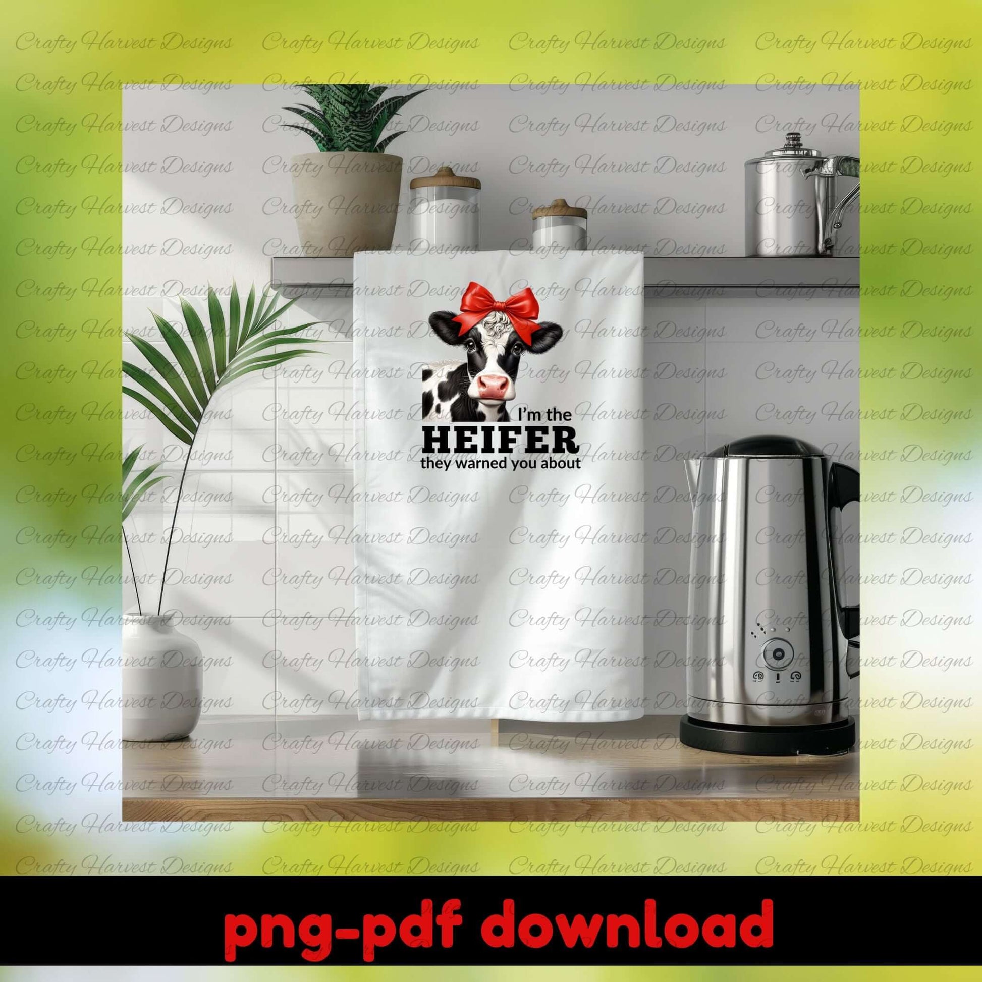 Tea towel with cow design and text on a kitchen counter