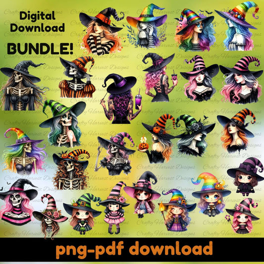 Digital download bundle of Halloween-themed illustrations with witches and skeletons on a gradient background.