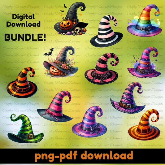 Collection of colorful witch hats with Halloween-themed designs on a yellow background, labeled 'Digital Download Bundle'.
