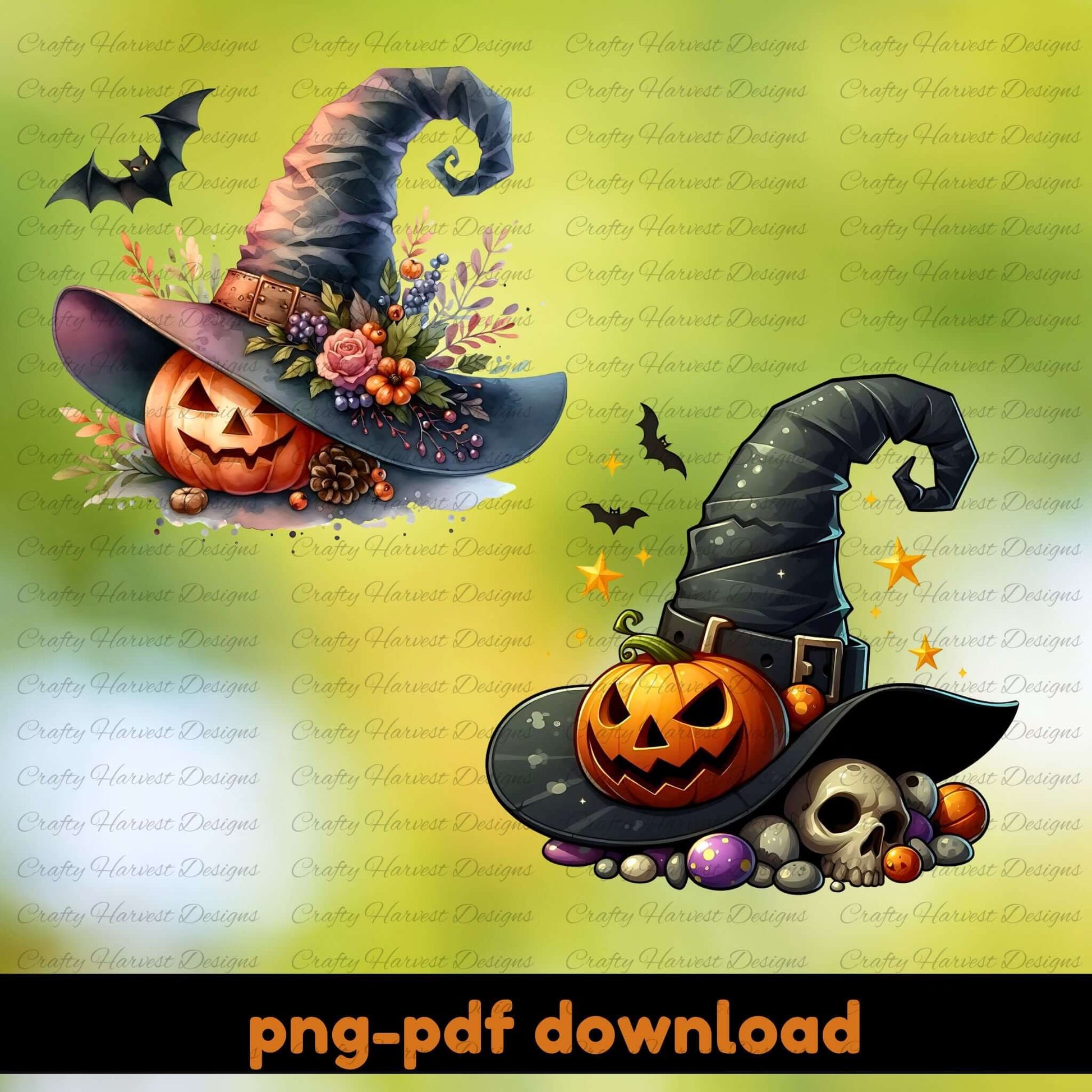 Halloween-themed designs with witch hats, pumpkins, and decorative elements on a green background.