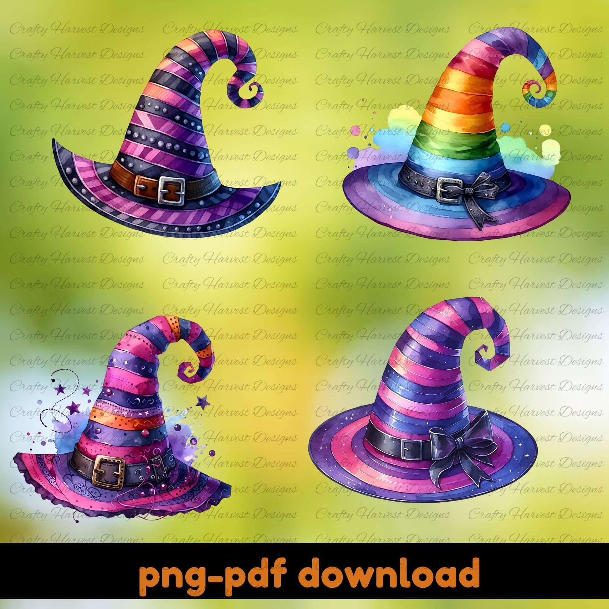 Colorful witch hats with decorative elements on a yellow background, featuring the brand 'Crafty Harvest Designs'.