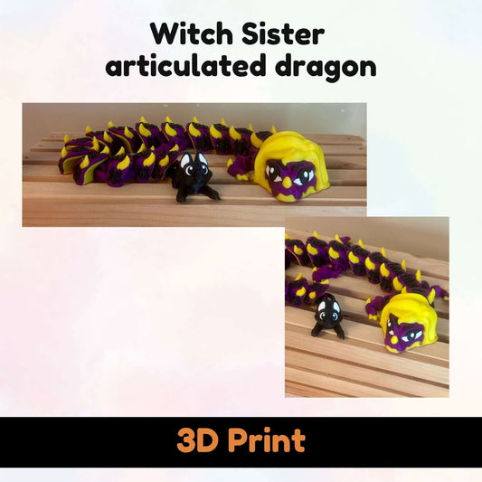 A composite product listing graphic for a 3D-printed articulated dragon toy. The image shows two photos of a purple and yellow dragon with black horns and a small black-and-white creature, placed on a wooden surface.